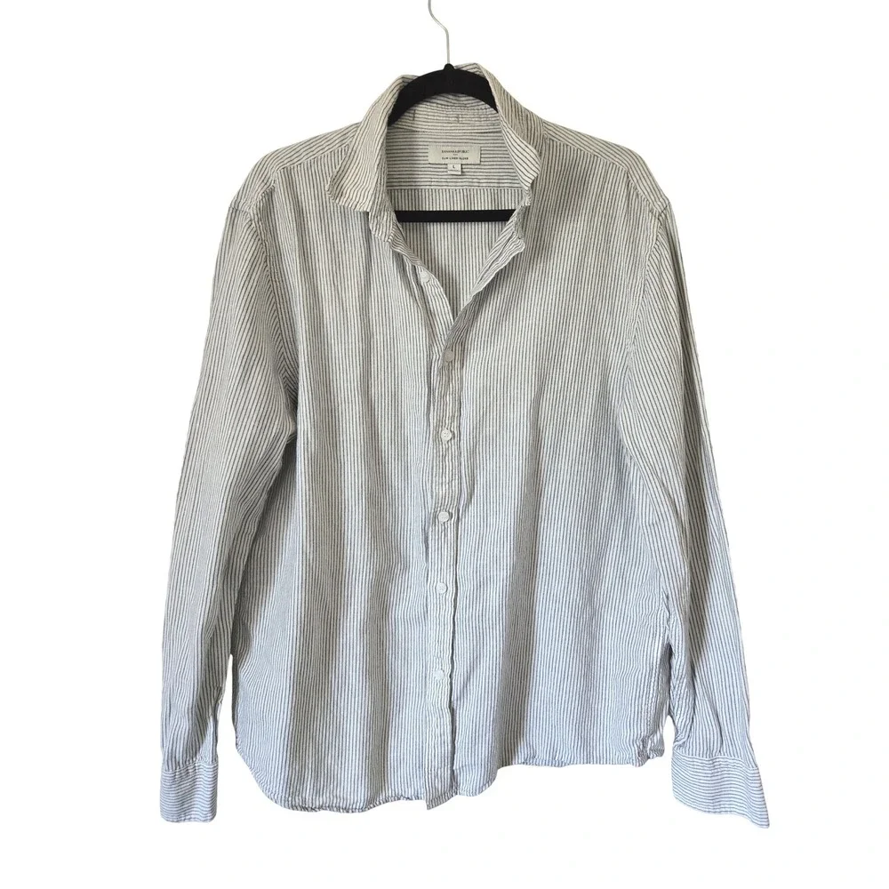 Banana Republic Mens L Slim Linen Blend Striped‎ Long Sleeve Shirt Gray White